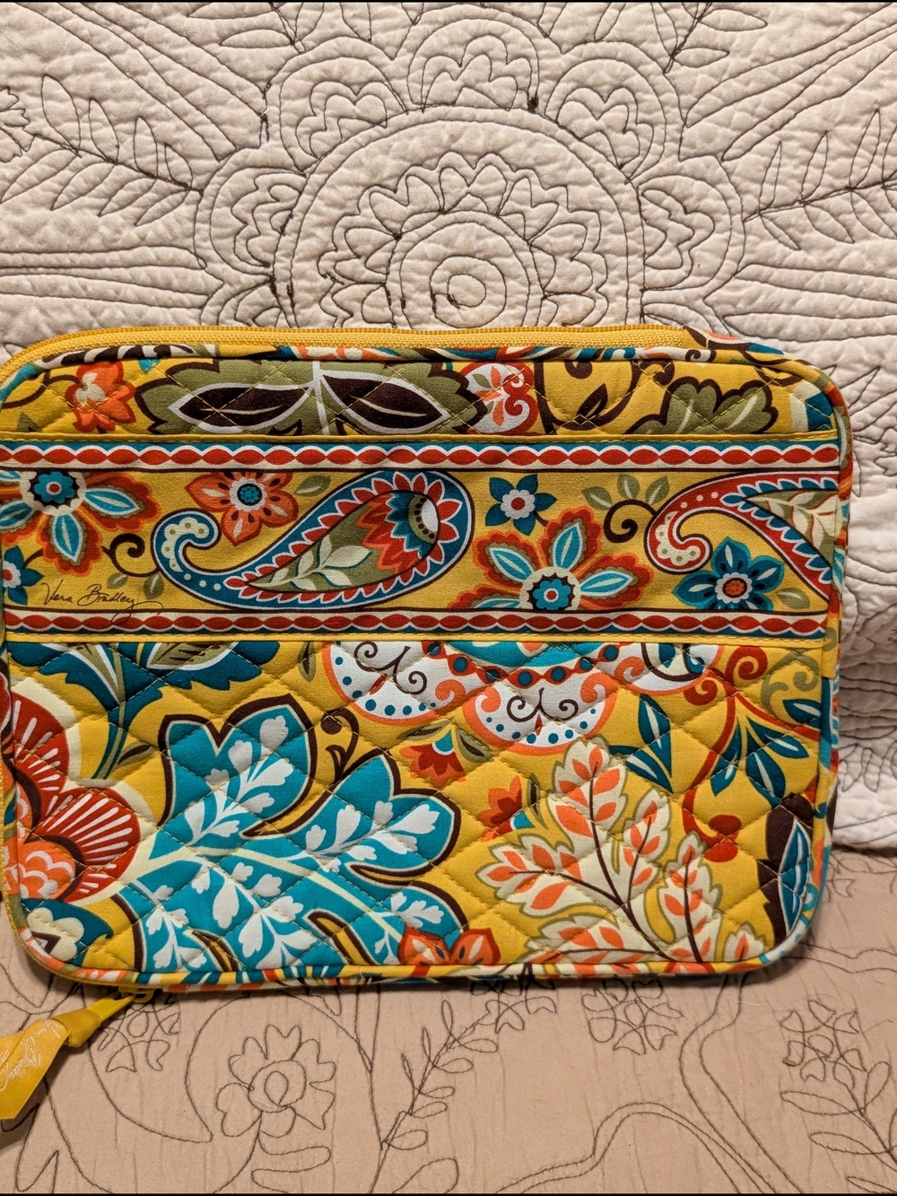 Vera Bradley Yellow Paisley Quilted Tablet Pouch with Turquoise & Orange Accents